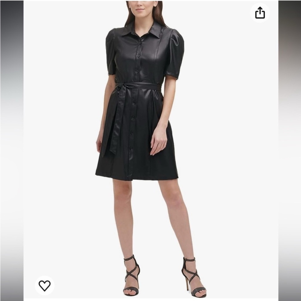 DKNY Short Puff Sleeve Faux Leather Button Down Dress. Size 8